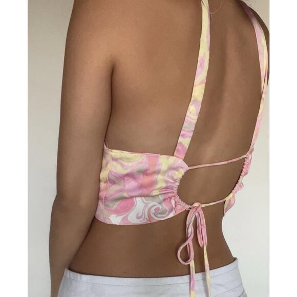 Zara Satin Marbled Keyhole Crop Top XS Pink Yellow Watercolor Tie Back Halter - Picture 4 of 5